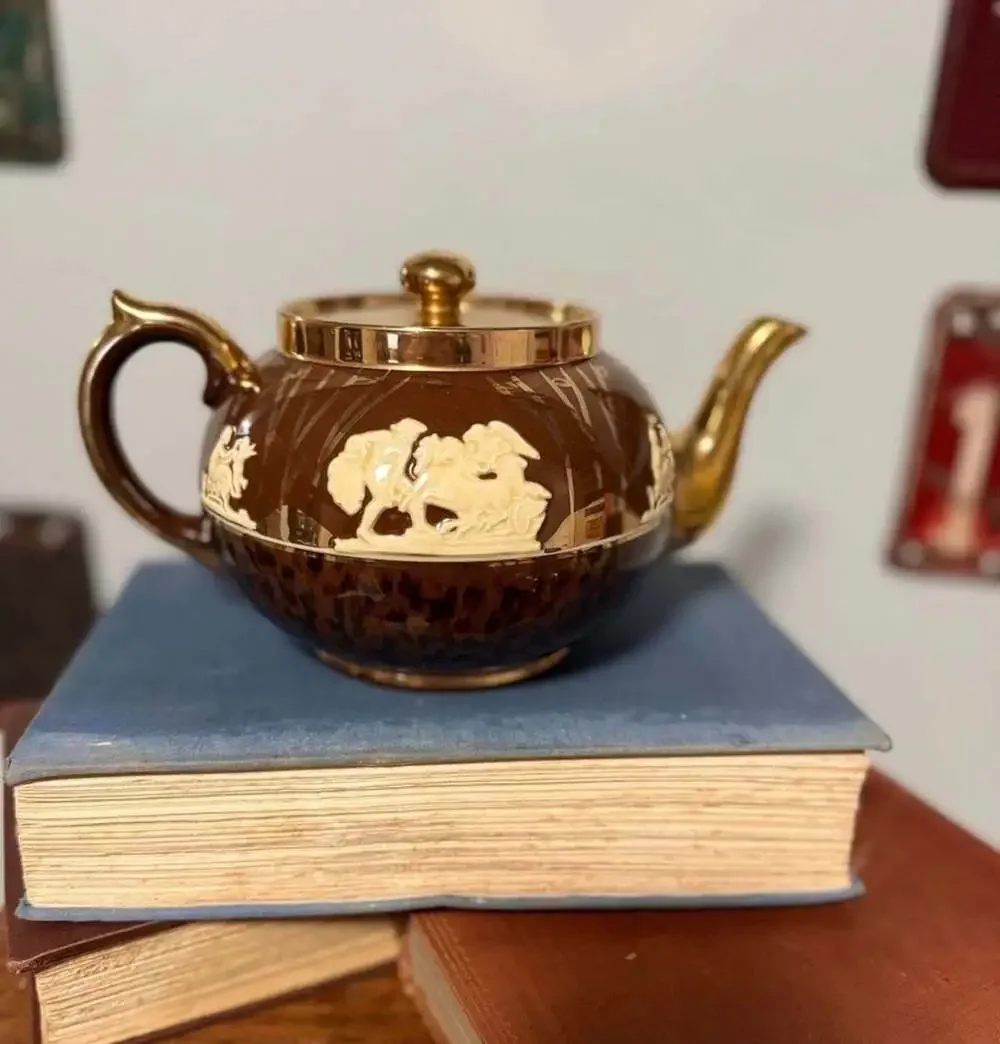 Gibsons Staffordshire England Vintage Ceramic Teapot Brown Gold Relief